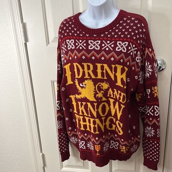Game Of Thrones XL Ugly Christmas Sweater HBO I Drink And I Know Things Gold Red - Picture 2 of 10